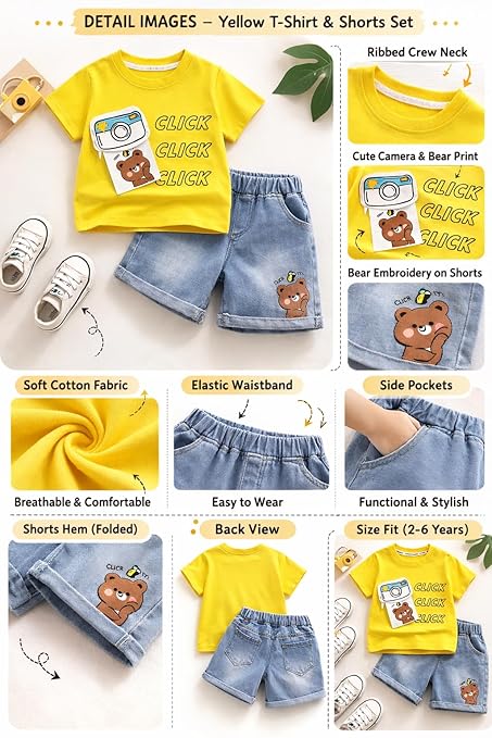 Kids Cotton T-Shirt & Denim Shorts Set with Camera & Bear Print
