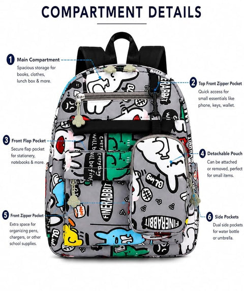 Cartoon Graffiti School Backpack with Detachable Pouch
