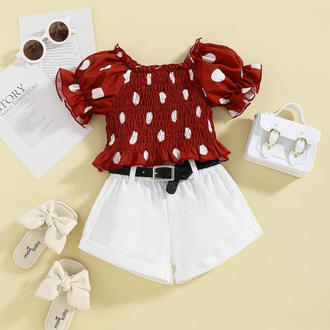 Girls Polka Dot Smocking Puff Sleeve Crop Top and Shorts with Black Belt Party Wear Set