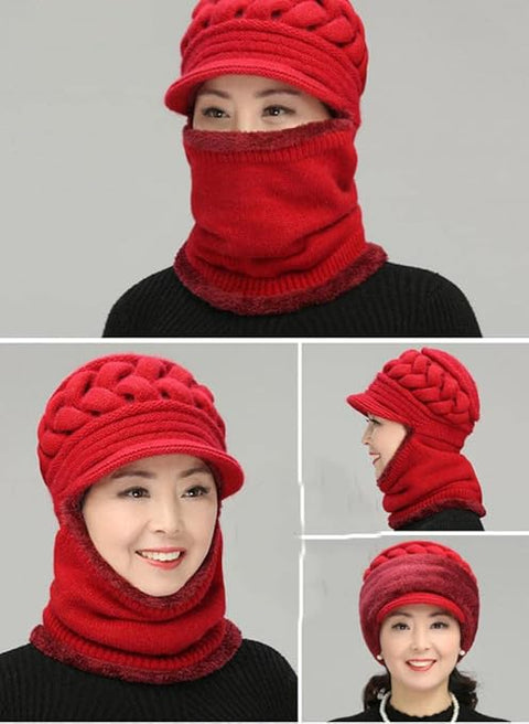 Women Wool Knitted Newsboy Monkey Visor Cap Hat Beanie with Attached Muffler Scarf