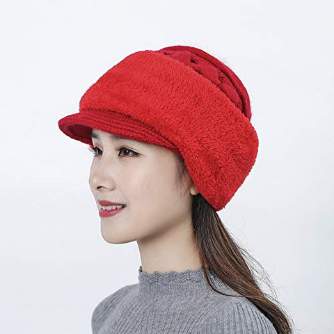Women Wool Knitted Newsboy Monkey Visor Cap Hat Beanie with Attached Muffler Scarf