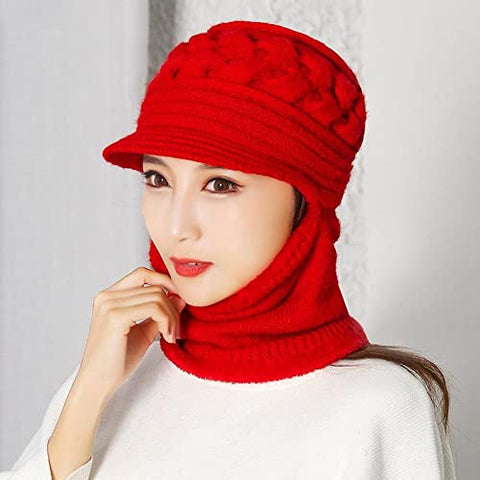 Women Wool Knitted Newsboy Monkey Visor Cap Hat Beanie with Attached Muffler Scarf