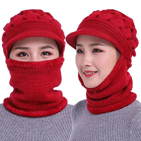 Women Wool Knitted Newsboy Monkey Visor Cap Hat Beanie with Attached Muffler Scarf