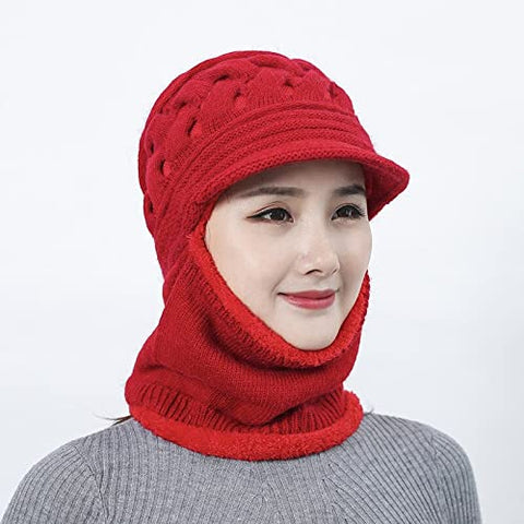 Women Wool Knitted Newsboy Monkey Visor Cap Hat Beanie with Attached Muffler Scarf
