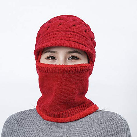 Women Wool Knitted Newsboy Monkey Visor Cap Hat Beanie with Attached Muffler Scarf