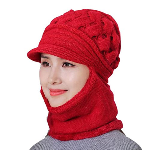 Women Wool Knitted Newsboy Monkey Visor Cap Hat Beanie with Attached Muffler Scarf