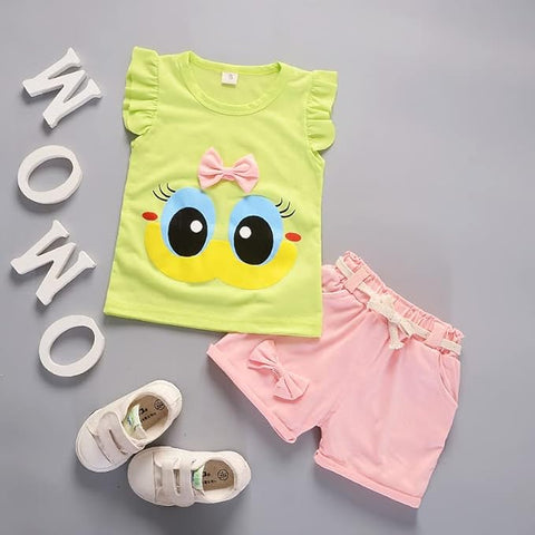 Girls Cotton Duck Print Bow Embellished T-shirt & Short Set