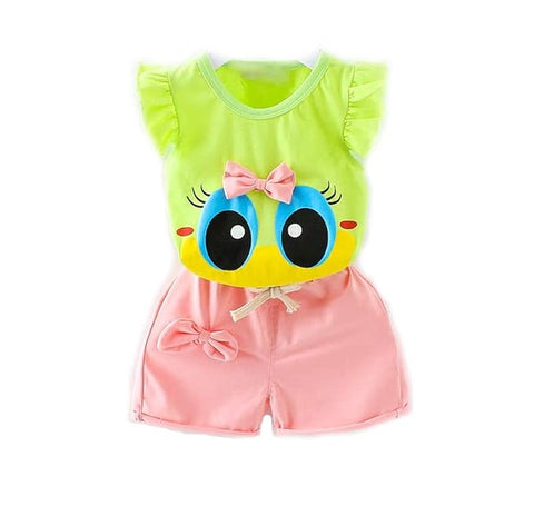 Girls Cotton Duck Print Bow Embellished T-shirt & Short Set