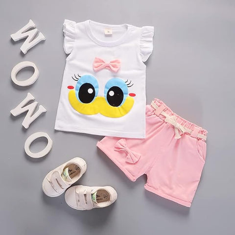 Girls Cotton Duck Print Bow Embellished T-shirt & Short Set