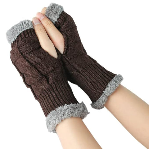 Women Warm Fur Knitted Winter Thermal Fingerless Gloves Mittens