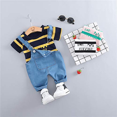 Kids Cotton Striped Half Length T-shirt & Denim Dungaree Set