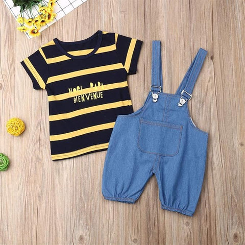 Kids Cotton Striped Half Length T-shirt & Denim Dungaree Set