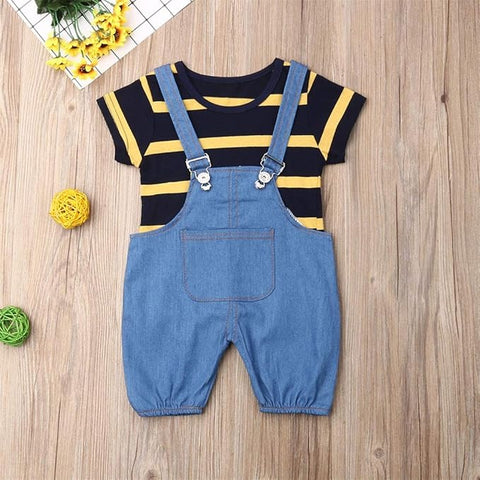 Kids Cotton Striped Half Length T-shirt & Denim Dungaree Set