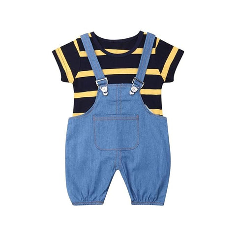 Kids Cotton Striped Half Length T-shirt & Denim Dungaree Set