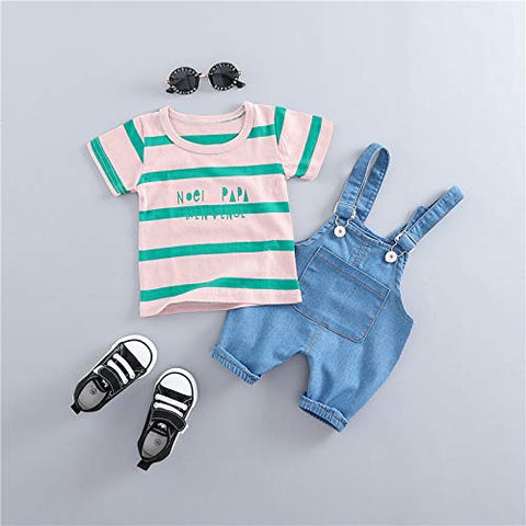 Kids Cotton Striped Half Length T-shirt & Denim Dungaree Set