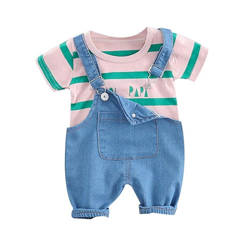 Kids Cotton Striped Half Length T-shirt & Denim Dungaree Set