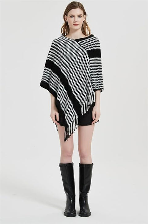 Women Warm Knitted Wool V neck Stripe Fringe Tassel Poncho