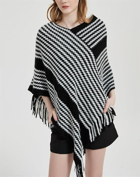 Women Warm Knitted Wool V neck Stripe Fringe Tassel Poncho