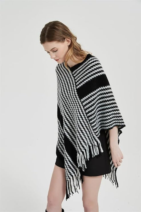 Women Warm Knitted Wool V neck Stripe Fringe Tassel Poncho