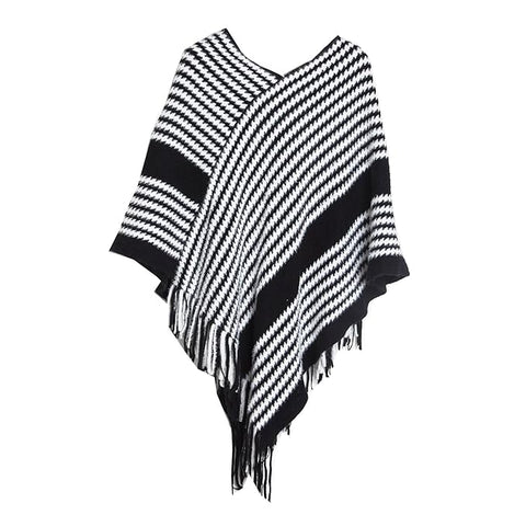 Women Warm Knitted Wool V neck Stripe Fringe Tassel Poncho