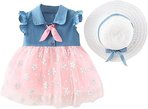 Girl's Cute Sleeveless Denim Tutu Princess Frock Dress With Hat