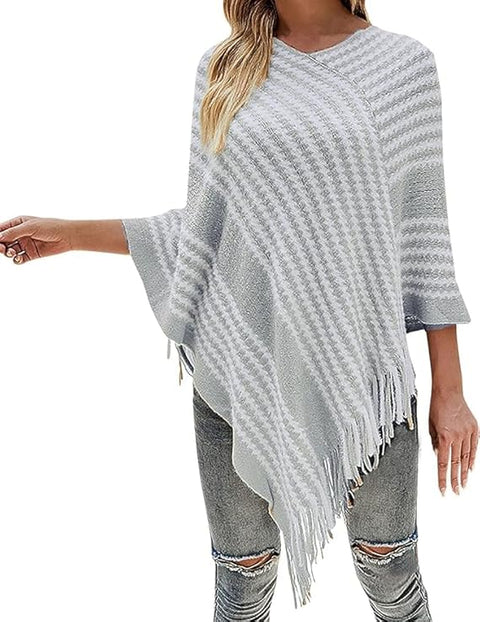 Women Warm Knitted Wool V neck Stripe Fringe Tassel Poncho