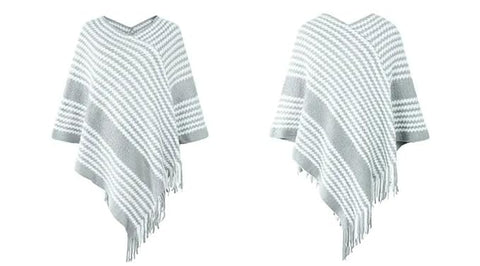 Women Warm Knitted Wool V neck Stripe Fringe Tassel Poncho