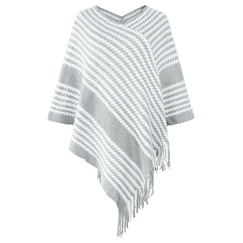 Women Warm Knitted Wool V neck Stripe Fringe Tassel Poncho