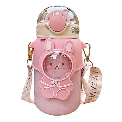 Kids Premium Rabbit Themed Water Bottle With Shoulder Strap-550Ml