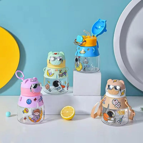 Kids Leak proof School Bottle With Flip-Top Straw Lid, DIY Stickers  And Shoulder Straps-550Ml