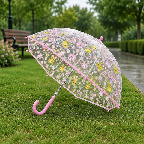 Clear Cute Bunny Print Kids Umbrella with Anti Pinch Runner