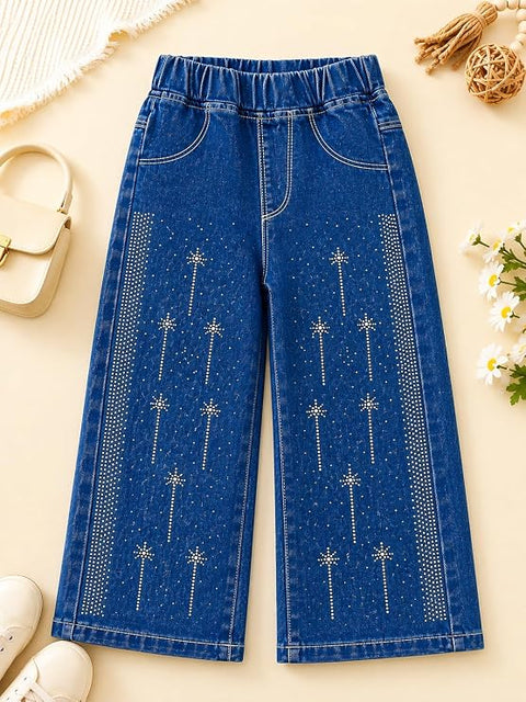 Embellished Wide Leg Studded Denim Jeans for Girls