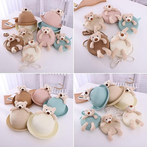 Cute Plush Bear Kids Straw Sun Hat N Sling Bag Combo for Girls 3-8 Years