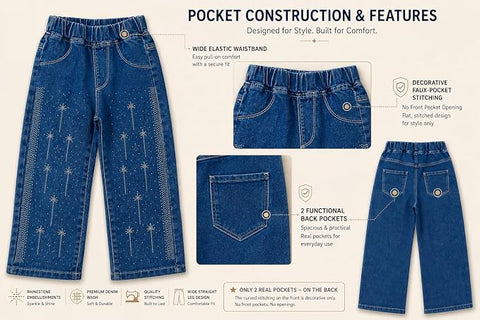 Embellished Wide Leg Studded Denim Jeans for Girls