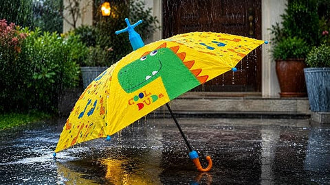 Kids Dino Print Rain Umbrella with Built-in Cover & Stand