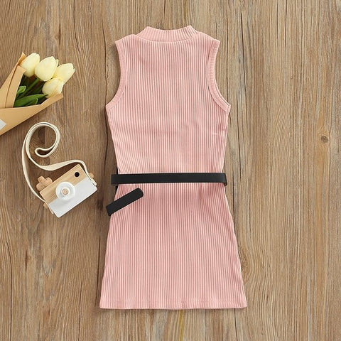 Girl’s Sleeveless Ribbed Stylish Monochrome Party Dress Frock Tunic with PU Leather Belt and Wallet