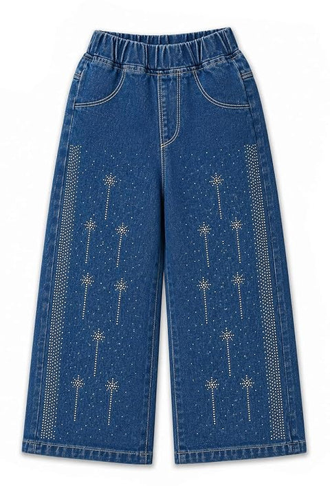 Embellished Wide Leg Studded Denim Jeans for Girls