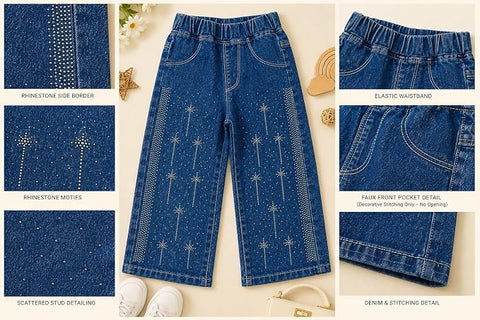 Embellished Wide Leg Studded Denim Jeans for Girls