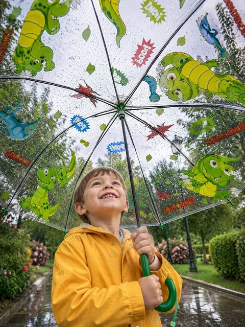 Kids Auto Open Clear Dinosaur Umbrella with Whistle