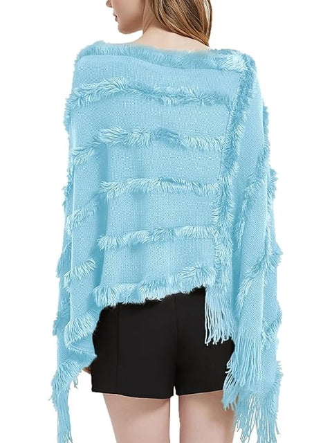 Winter Hooded Poncho With Fur Tassel Fringe Hem & Hoodie For Women