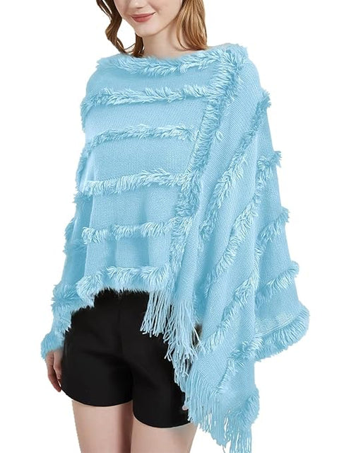 Winter Hooded Poncho With Fur Tassel Fringe Hem & Hoodie For Women