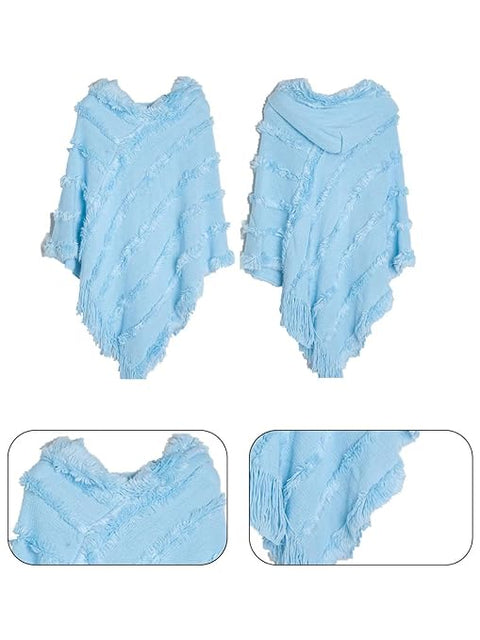Winter Hooded Poncho With Fur Tassel Fringe Hem & Hoodie For Women