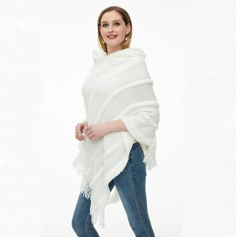 Winter Hooded Poncho With Fur Tassel Fringe Hem & Hoodie For Women
