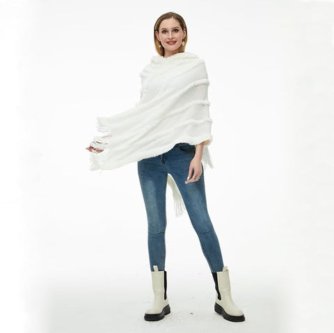 Winter Hooded Poncho With Fur Tassel Fringe Hem & Hoodie For Women