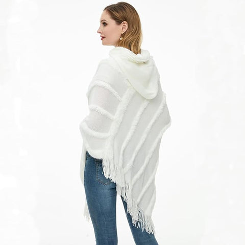 Winter Hooded Poncho With Fur Tassel Fringe Hem & Hoodie For Women