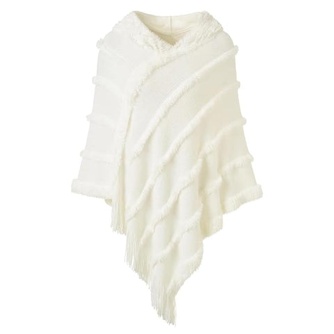 Winter Hooded Poncho With Fur Tassel Fringe Hem & Hoodie For Women