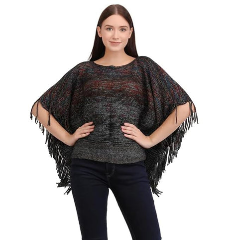 Women Wool Blend Round Neck Winter Multicolor Fringe Tassel Poncho