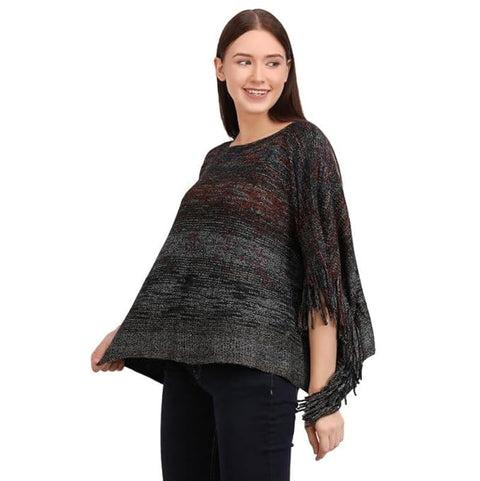 Women Wool Blend Round Neck Winter Multicolor Fringe Tassel Poncho