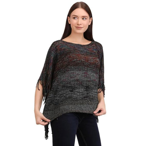 Women Wool Blend Round Neck Winter Multicolor Fringe Tassel Poncho