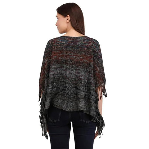 Women Wool Blend Round Neck Winter Multicolor Fringe Tassel Poncho